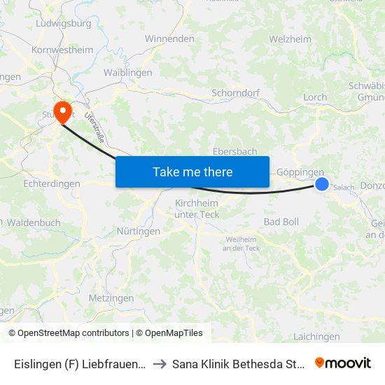 Eislingen (F) Liebfrauenkirche to Sana Klinik Bethesda Stuttgart map