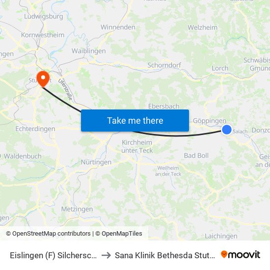 Eislingen (F) Silcherschule to Sana Klinik Bethesda Stuttgart map