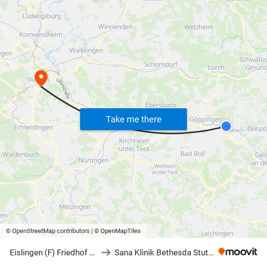 Eislingen (F) Friedhof Nord to Sana Klinik Bethesda Stuttgart map