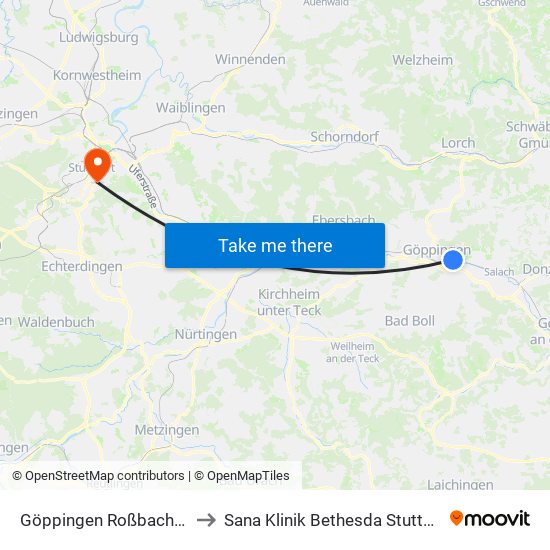 Göppingen Roßbachstr. to Sana Klinik Bethesda Stuttgart map