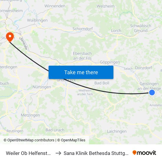 Weiler Ob Helfenstein to Sana Klinik Bethesda Stuttgart map
