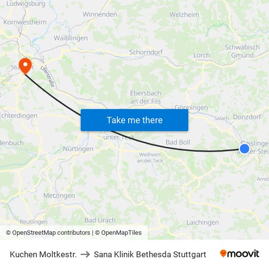 Kuchen Moltkestr. to Sana Klinik Bethesda Stuttgart map