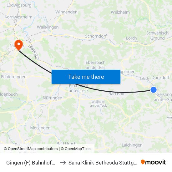 Gingen (F) Bahnhofstr. to Sana Klinik Bethesda Stuttgart map