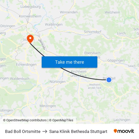 Bad Boll Ortsmitte to Sana Klinik Bethesda Stuttgart map
