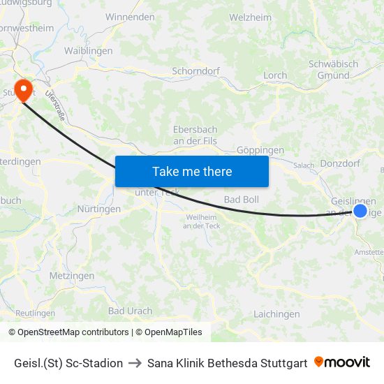 Geisl.(St) Sc-Stadion to Sana Klinik Bethesda Stuttgart map