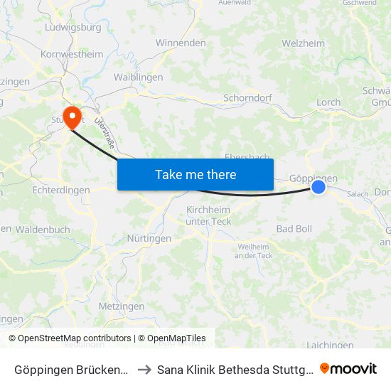 Göppingen Brückenstr. to Sana Klinik Bethesda Stuttgart map