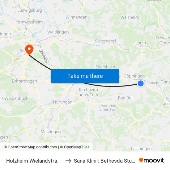 Holzheim Wielandstraße/Bf to Sana Klinik Bethesda Stuttgart map