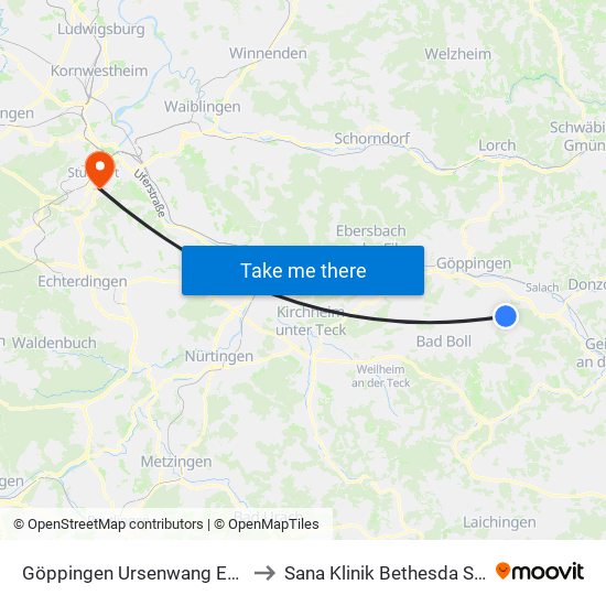 Göppingen Ursenwang Eschenstr. to Sana Klinik Bethesda Stuttgart map