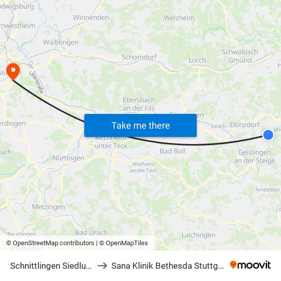 Schnittlingen Siedlung to Sana Klinik Bethesda Stuttgart map