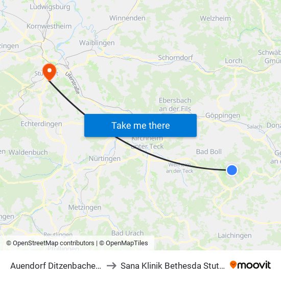 Auendorf Ditzenbacher Str. to Sana Klinik Bethesda Stuttgart map