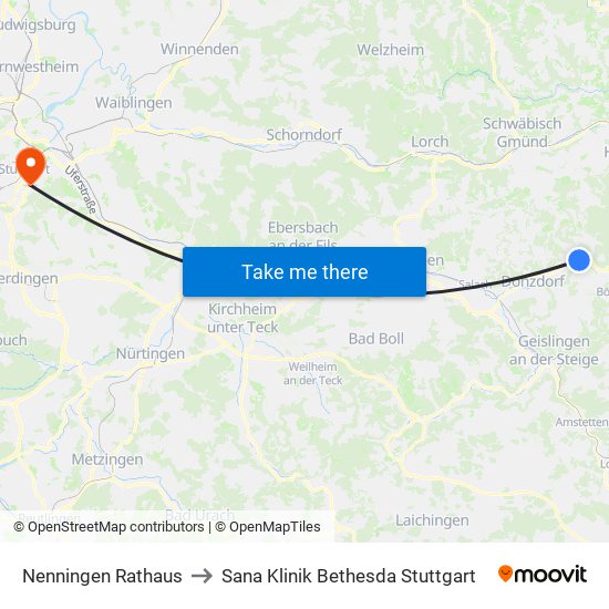 Nenningen Rathaus to Sana Klinik Bethesda Stuttgart map