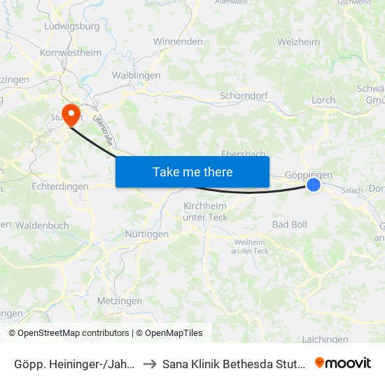 Göpp. Heininger-/Jahnstr. to Sana Klinik Bethesda Stuttgart map