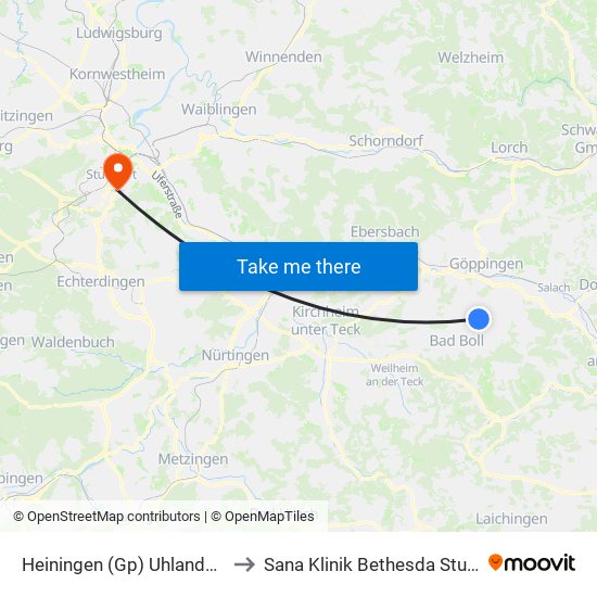 Heiningen (Gp) Uhlandstraße to Sana Klinik Bethesda Stuttgart map