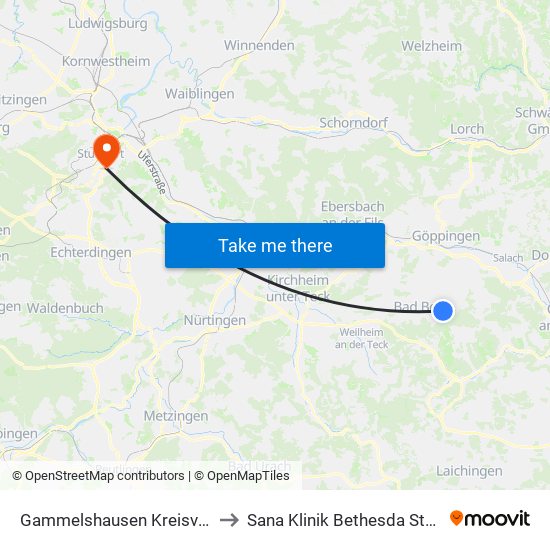 Gammelshausen Kreisverkehr to Sana Klinik Bethesda Stuttgart map