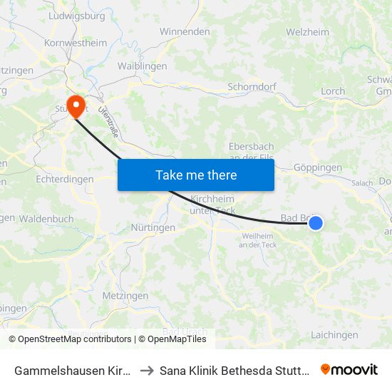 Gammelshausen Kirche to Sana Klinik Bethesda Stuttgart map