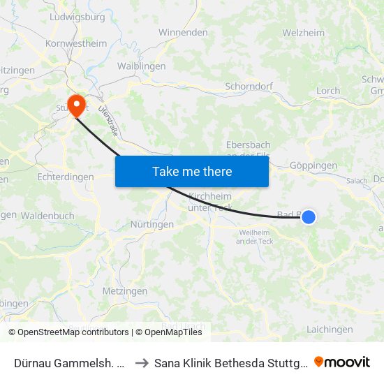 Dürnau Gammelsh. Str. to Sana Klinik Bethesda Stuttgart map