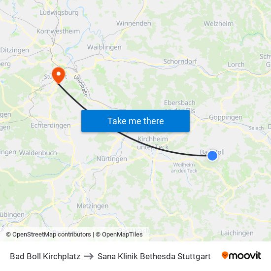 Bad Boll Kirchplatz to Sana Klinik Bethesda Stuttgart map