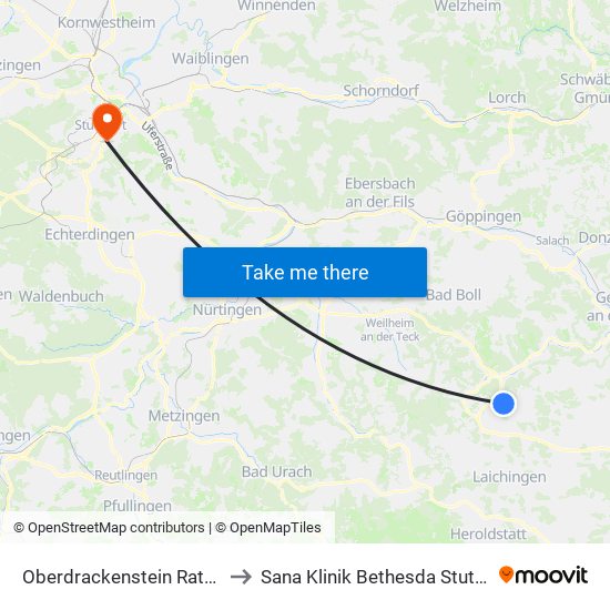 Oberdrackenstein Rathaus to Sana Klinik Bethesda Stuttgart map