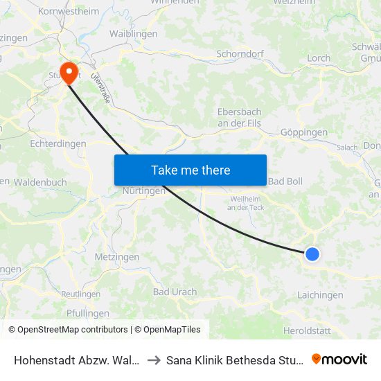Hohenstadt Abzw. Waltertal to Sana Klinik Bethesda Stuttgart map