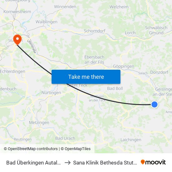Bad Überkingen Autalhalle to Sana Klinik Bethesda Stuttgart map