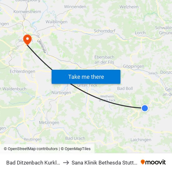 Bad Ditzenbach Kurklinik to Sana Klinik Bethesda Stuttgart map