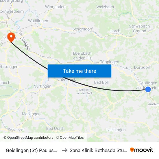 Geislingen (St) Pauluskirche to Sana Klinik Bethesda Stuttgart map