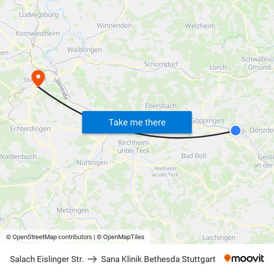 Salach Eislinger Str. to Sana Klinik Bethesda Stuttgart map