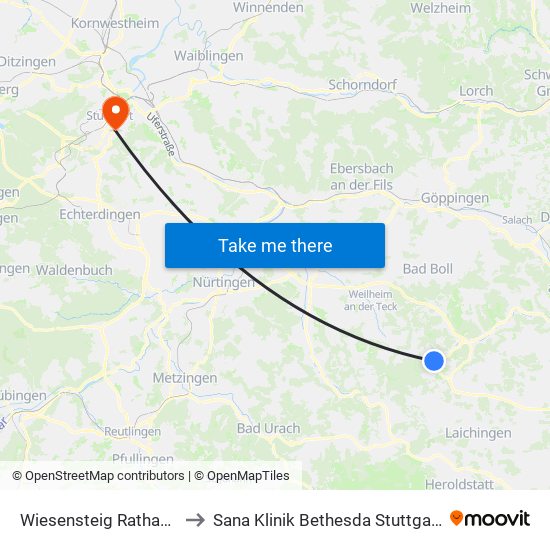 Wiesensteig Rathaus to Sana Klinik Bethesda Stuttgart map