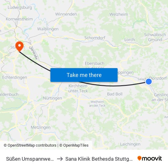 Süßen Umspannwerk to Sana Klinik Bethesda Stuttgart map