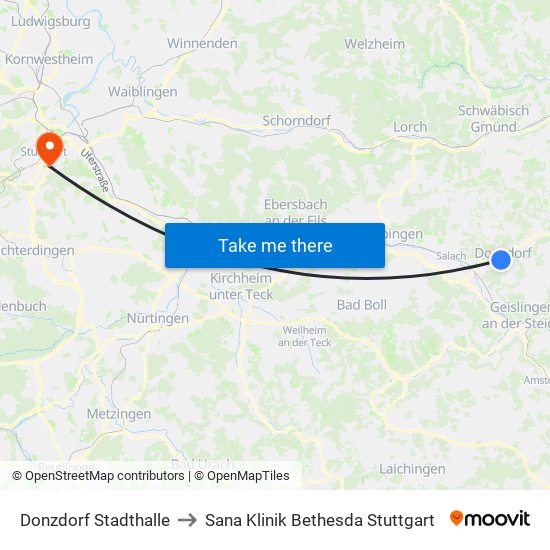 Donzdorf Stadthalle to Sana Klinik Bethesda Stuttgart map