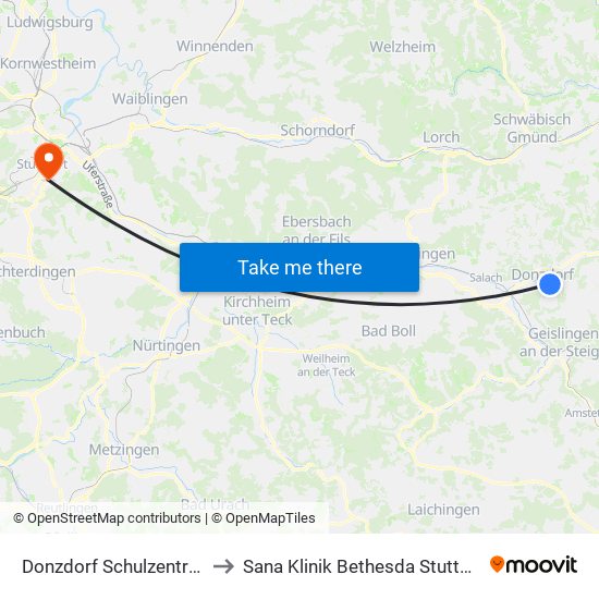 Donzdorf Schulzentrum to Sana Klinik Bethesda Stuttgart map