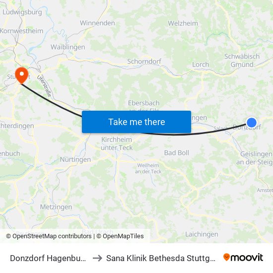 Donzdorf Hagenbuch to Sana Klinik Bethesda Stuttgart map