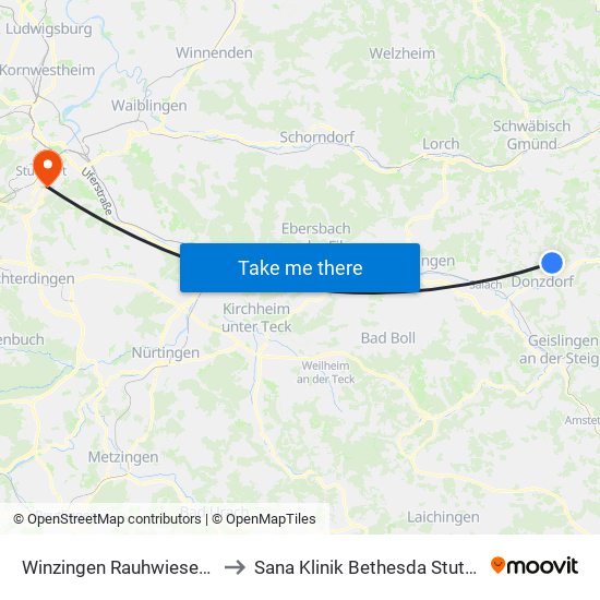 Winzingen Rauhwiesenstr. to Sana Klinik Bethesda Stuttgart map