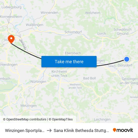 Winzingen Sportplatz to Sana Klinik Bethesda Stuttgart map