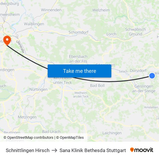 Schnittlingen Hirsch to Sana Klinik Bethesda Stuttgart map