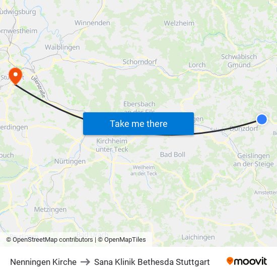 Nenningen Kirche to Sana Klinik Bethesda Stuttgart map