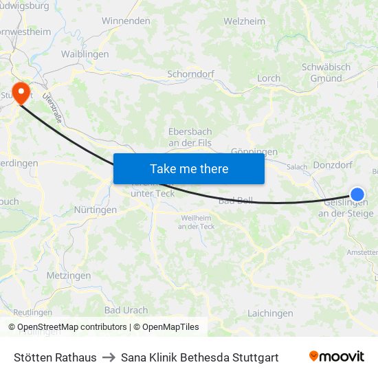 Stötten Rathaus to Sana Klinik Bethesda Stuttgart map