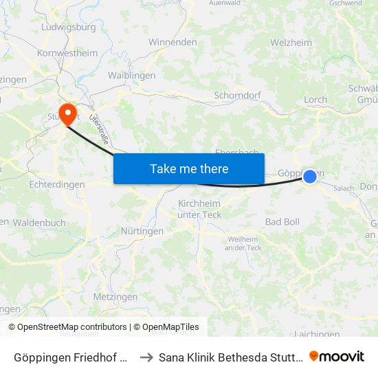 Göppingen Friedhof Nord to Sana Klinik Bethesda Stuttgart map