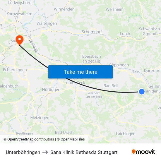 Unterböhringen to Sana Klinik Bethesda Stuttgart map