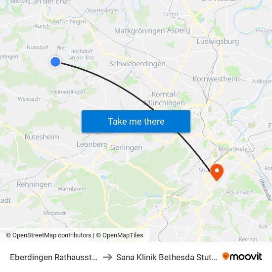 Eberdingen Rathausstraße to Sana Klinik Bethesda Stuttgart map