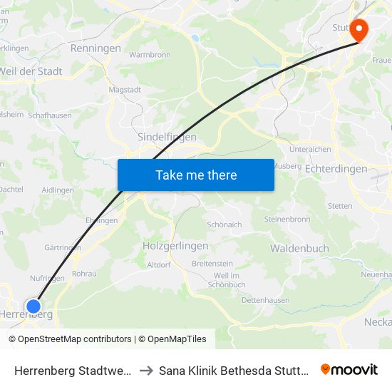 Herrenberg Stadtwerke to Sana Klinik Bethesda Stuttgart map