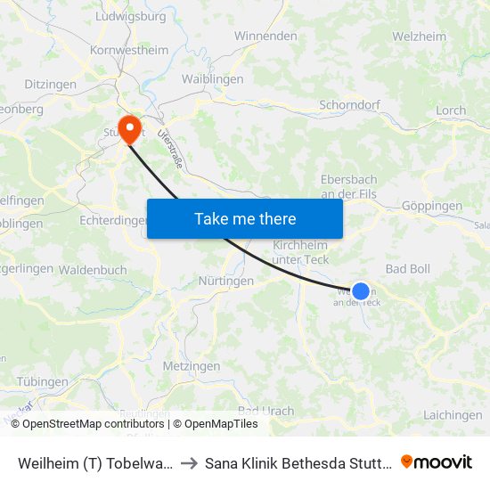 Weilheim (T) Tobelwasen to Sana Klinik Bethesda Stuttgart map