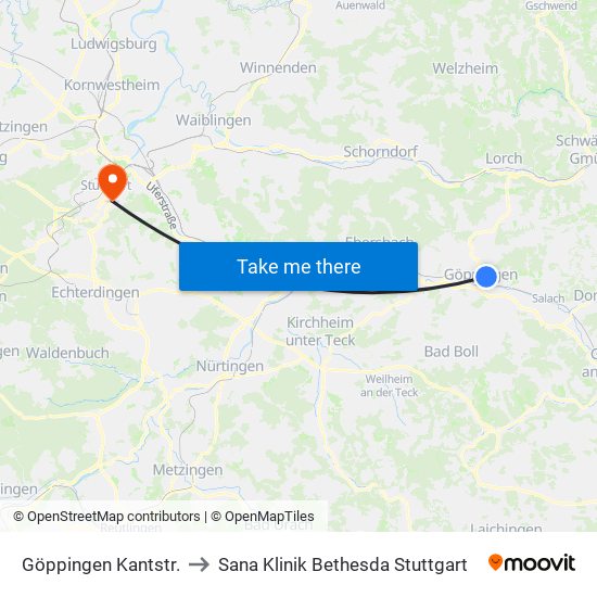 Göppingen Kantstr. to Sana Klinik Bethesda Stuttgart map