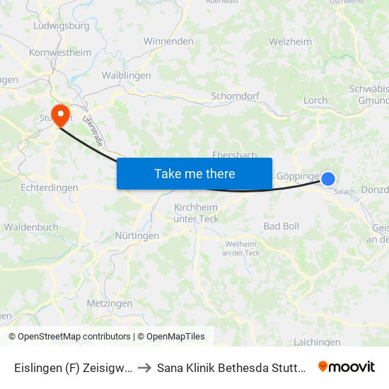 Eislingen (F) Zeisigweg to Sana Klinik Bethesda Stuttgart map