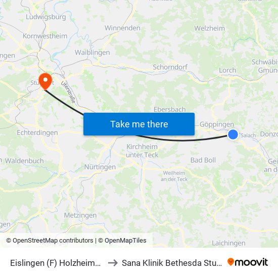 Eislingen (F) Holzheimer Str. to Sana Klinik Bethesda Stuttgart map