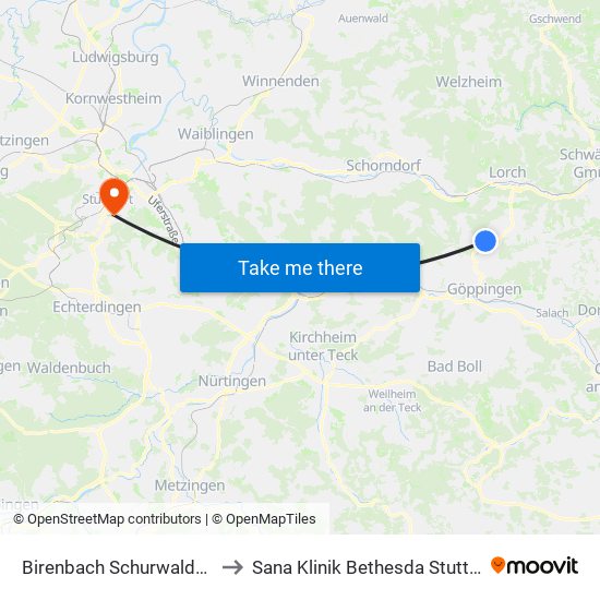 Birenbach Schurwaldweg to Sana Klinik Bethesda Stuttgart map