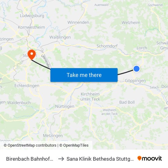 Birenbach Bahnhofstr. to Sana Klinik Bethesda Stuttgart map