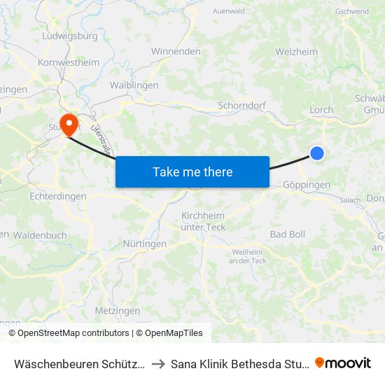 Wäschenbeuren Schützenhof to Sana Klinik Bethesda Stuttgart map