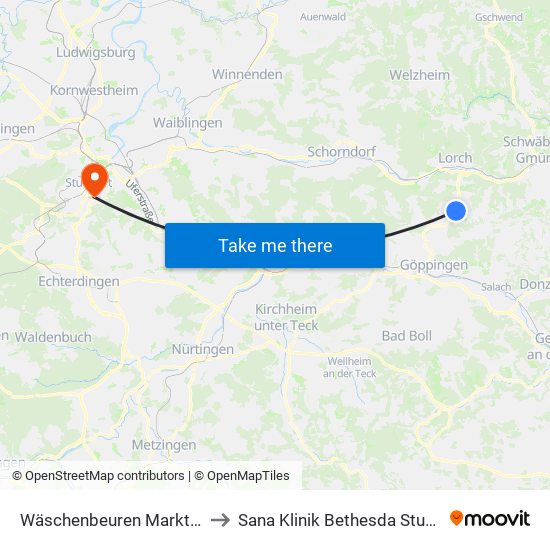 Wäschenbeuren Marktplatz to Sana Klinik Bethesda Stuttgart map