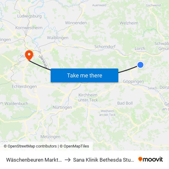 Wäschenbeuren Marktplatz to Sana Klinik Bethesda Stuttgart map